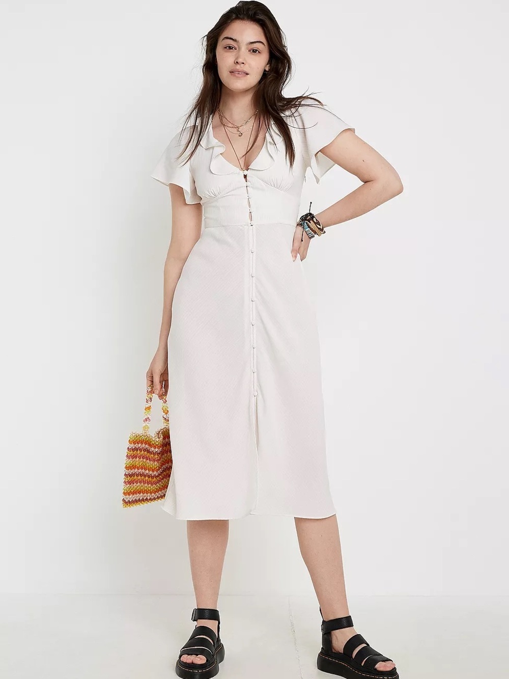 Uo Urban Outfitters Heartmelter Midi Dress Sz M Light Grey Stripe